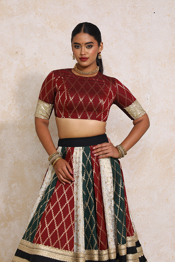 Ruksar x Tyohaar | Maroon & Black Vine Mesh Brocade FlareFit™ Lehenga Set with Dupatta-Binks