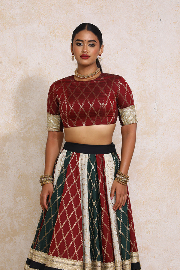 Ruksar x Tyohaar | Maroon & Black Vine Mesh Brocade FlareFit™ Lehenga Set with Dupatta-Binks