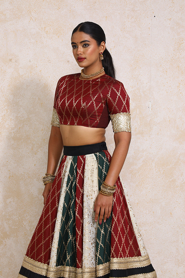 Ruksar x Tyohaar | Maroon & Black Vine Mesh Brocade FlareFit™ Lehenga Set with Dupatta-Binks