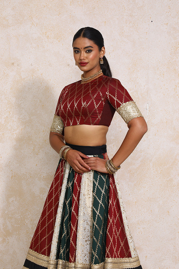Ruksar x Tyohaar Lehenga Set, in Multicolour Tissue & Silk Viscose, featuring elbow sleeves and jewel neckline (view 8).