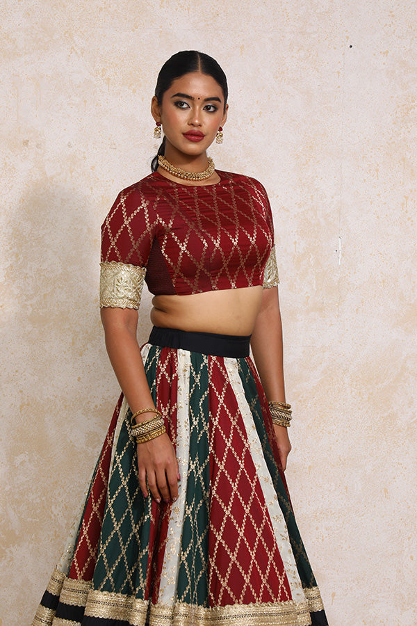 Ruksar x Tyohaar | Maroon & Black Vine Mesh Brocade FlareFit™ Lehenga Set with Dupatta-Binks