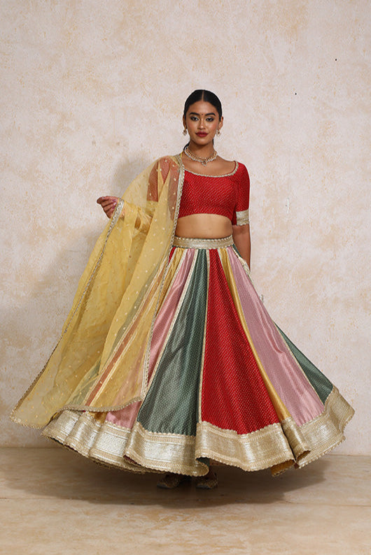 Saanjh x Tyohaar Lehenga Set, in Multicolour Chandheri, featuring elbow sleeves and scoop neckline, made for party & festive.
