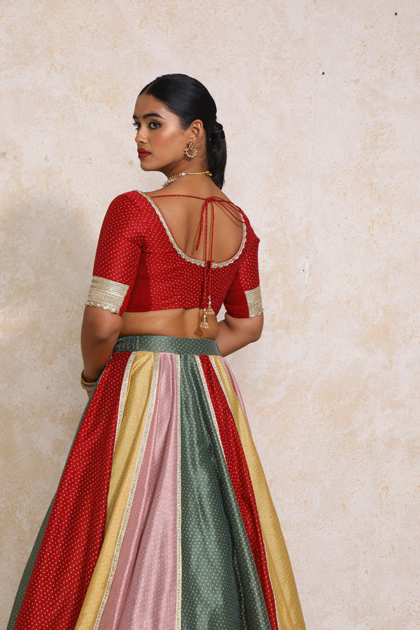Saanjh x Tyohaar | Multi-colour Foil Chandheri FlareFit™ Lehenga Set with Dupatta-Binks