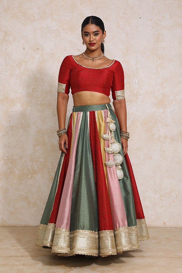Saanjh x Tyohaar | Multi-colour Foil Chandheri FlareFit™ Lehenga Set with Dupatta-Binks
