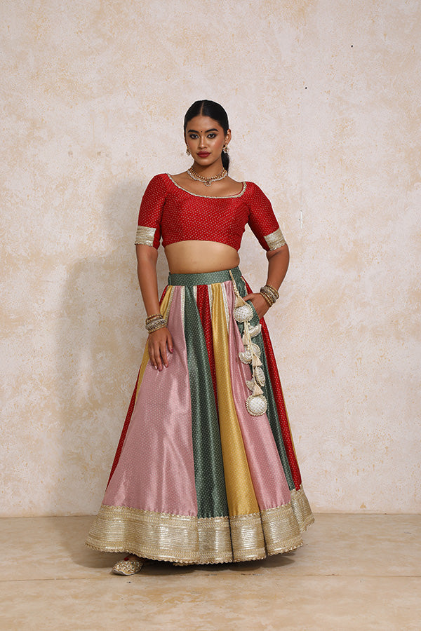 Saanjh x Tyohaar | Multi-colour Foil Chandheri FlareFit™ Lehenga Set with Dupatta-Binks