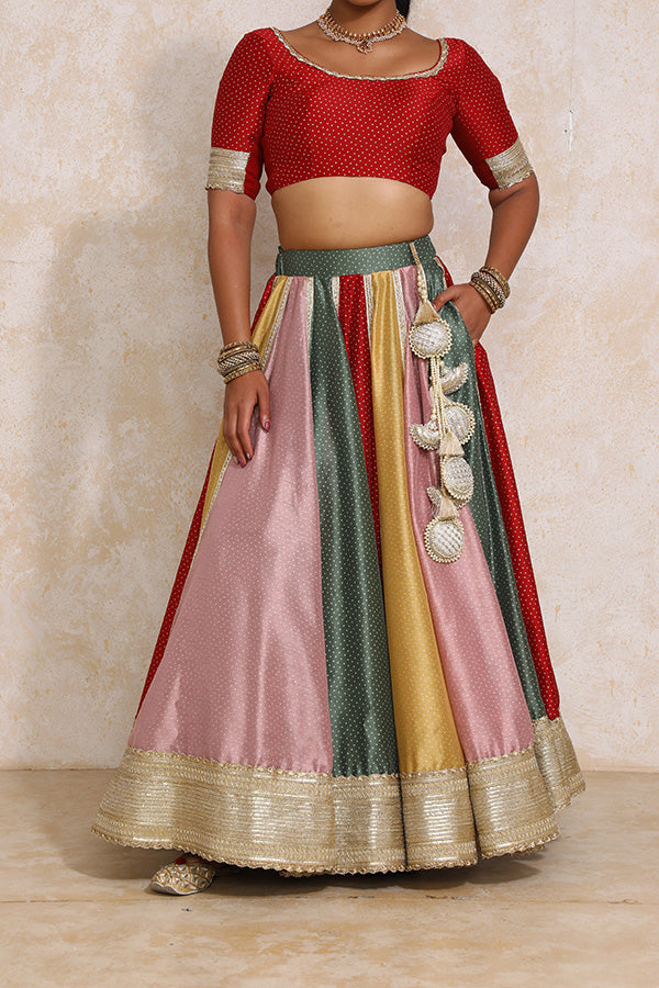 Saanjh x Tyohaar | Multi-colour Foil Chandheri FlareFit™ Lehenga Set with Dupatta-Binks