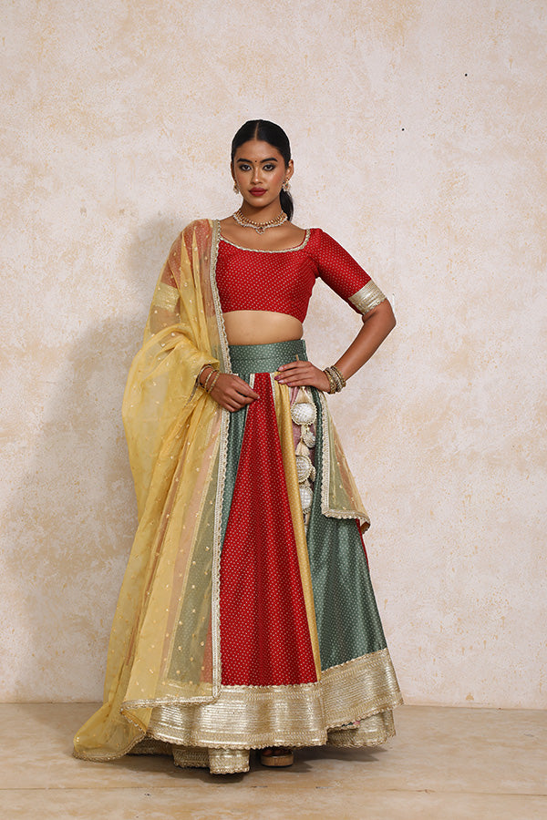 Saanjh x Tyohaar | Multi-colour Foil Chandheri FlareFit™ Lehenga Set with Dupatta-Binks