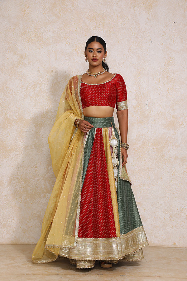 Saanjh x Tyohaar | Multi-colour Foil Chandheri FlareFit™ Lehenga Set with Dupatta-Binks