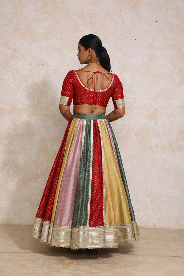 Saanjh x Tyohaar Lehenga Set, in Multicolour Chandheri, featuring elbow sleeves and scoop neckline, made for party & festive.