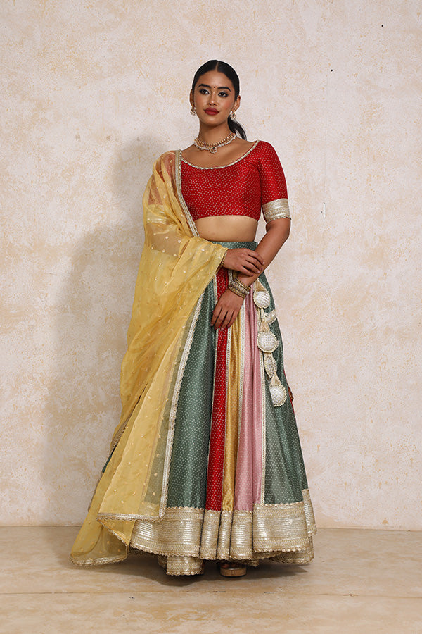 Saanjh x Tyohaar | Multi-colour Foil Chandheri FlareFit™ Lehenga Set with Dupatta-Binks