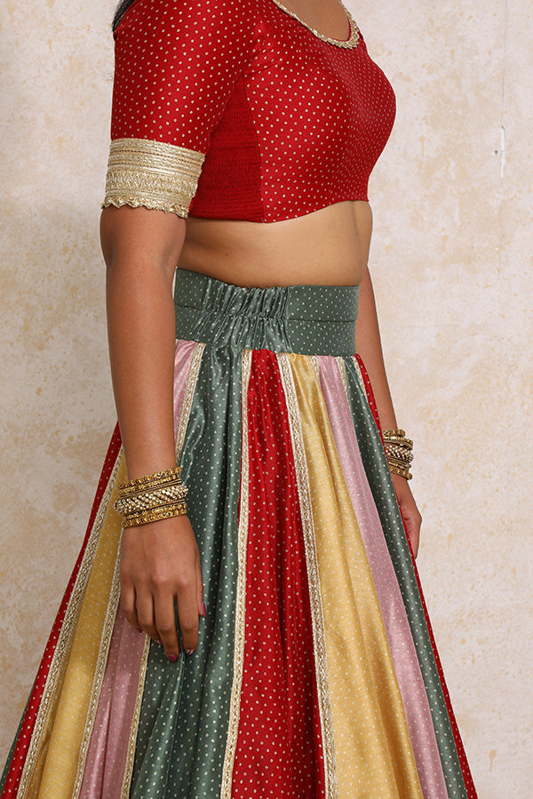 Saanjh x Tyohaar | Multi-colour Foil Chandheri FlareFit™ Lehenga Set with Dupatta-Binks