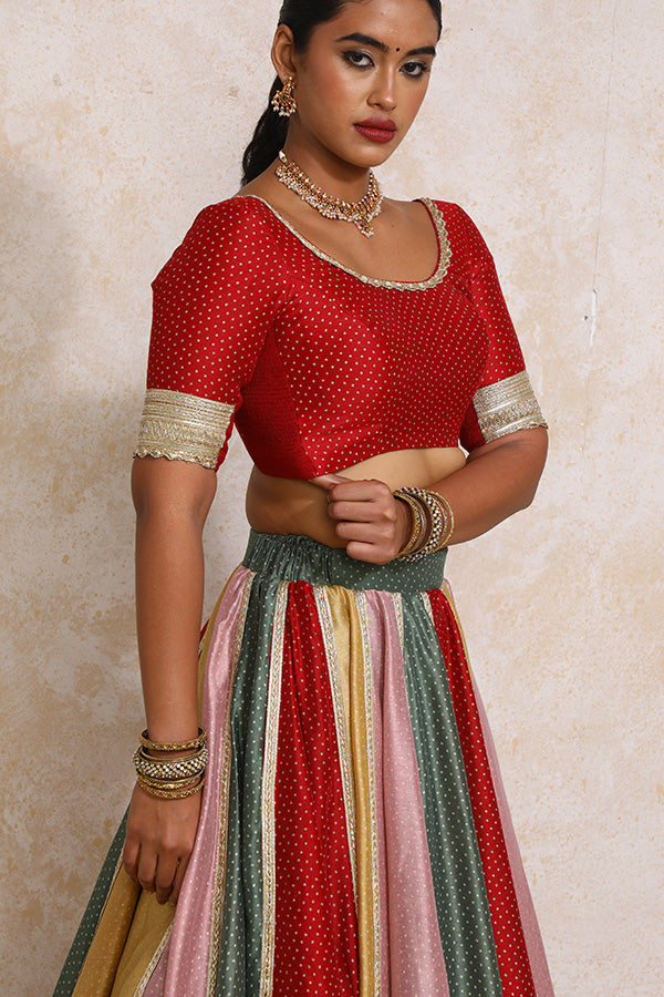 Saanjh x Tyohaar Lehenga Set, in Multicolour Chandheri, featuring elbow sleeves and scoop neckline, made for party & festive.