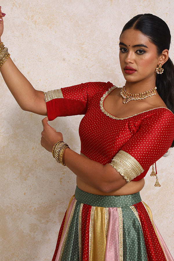 Saanjh x Tyohaar Lehenga Set, in Multicolour Chandheri, featuring elbow sleeves and scoop neckline, made for party & festive.