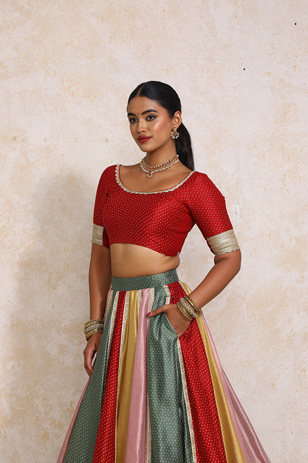 Saanjh x Tyohaar | Multi-colour Foil Chandheri FlareFit™ Lehenga Set with Dupatta-Binks