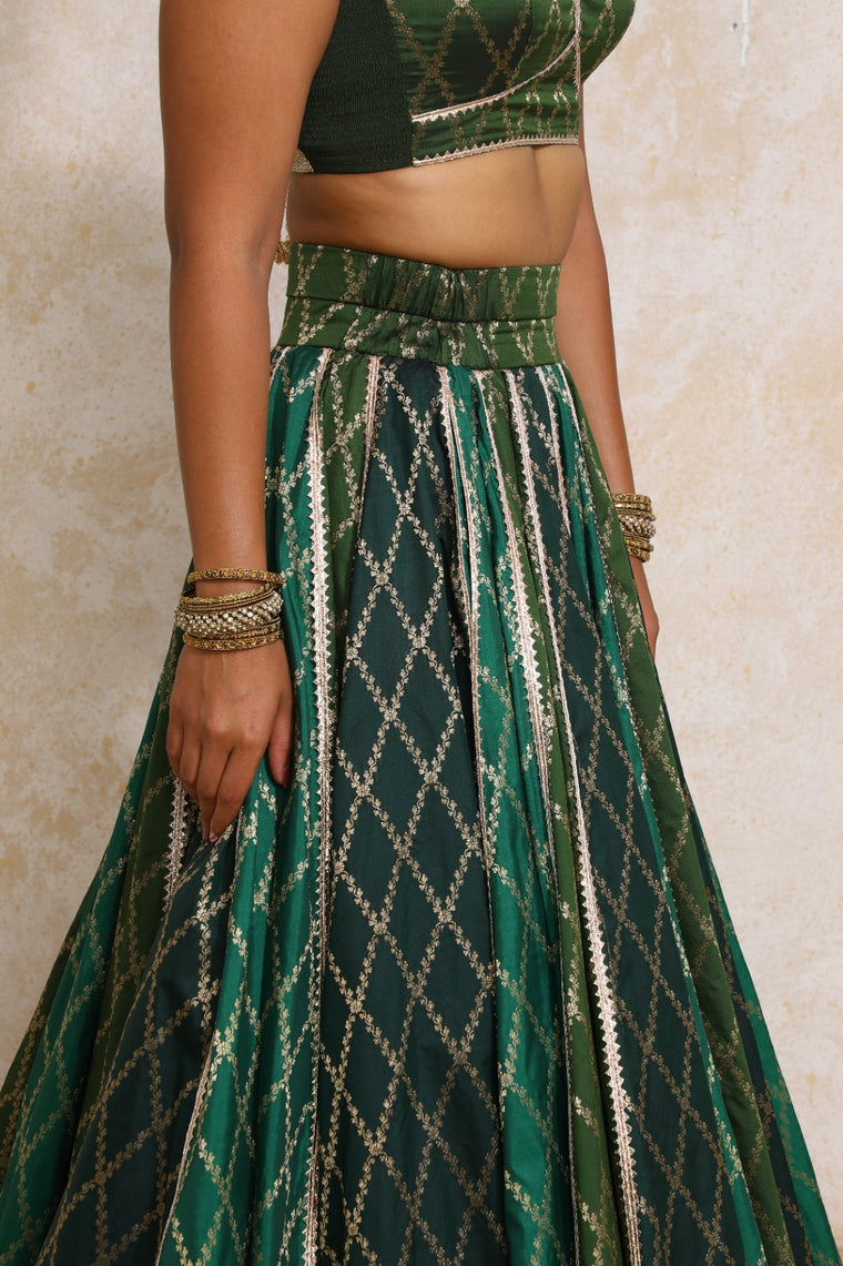 Sahiba x Tyohaar Lehenga Set, in Green Viscose Silk Brocade, featuring elbow sleeves and v-neckline (view 3).