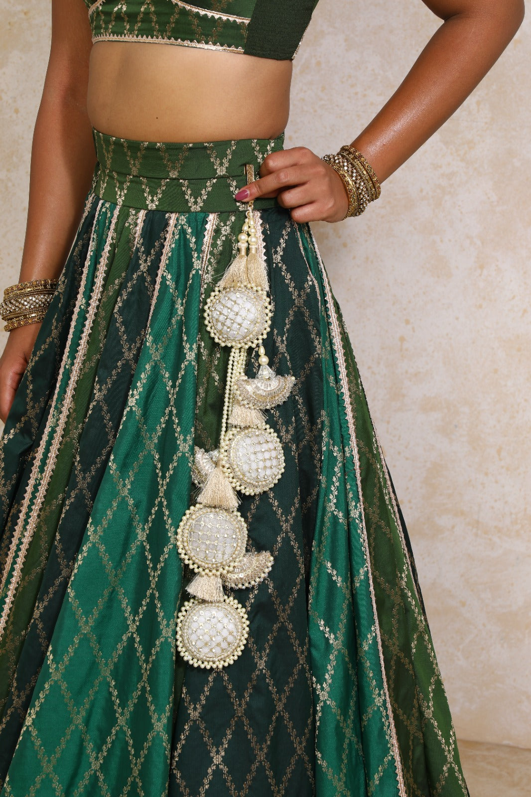 Sahiba x Tyohaar Lehenga Set, in Green Viscose Silk Brocade, featuring elbow sleeves and v-neckline (view 5).