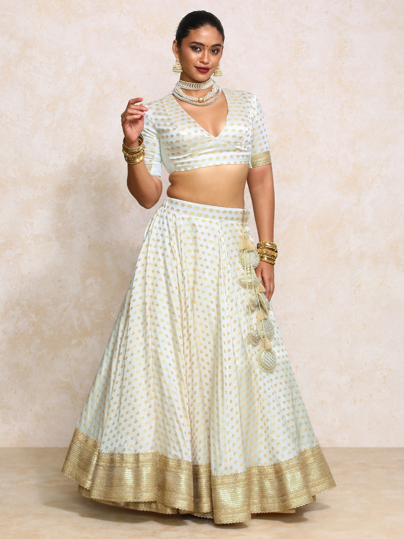 Saniya x Tyohaar | Cream Satin Viscose Butta FlareFit™ Lehenga Set with Dupatta-Binks