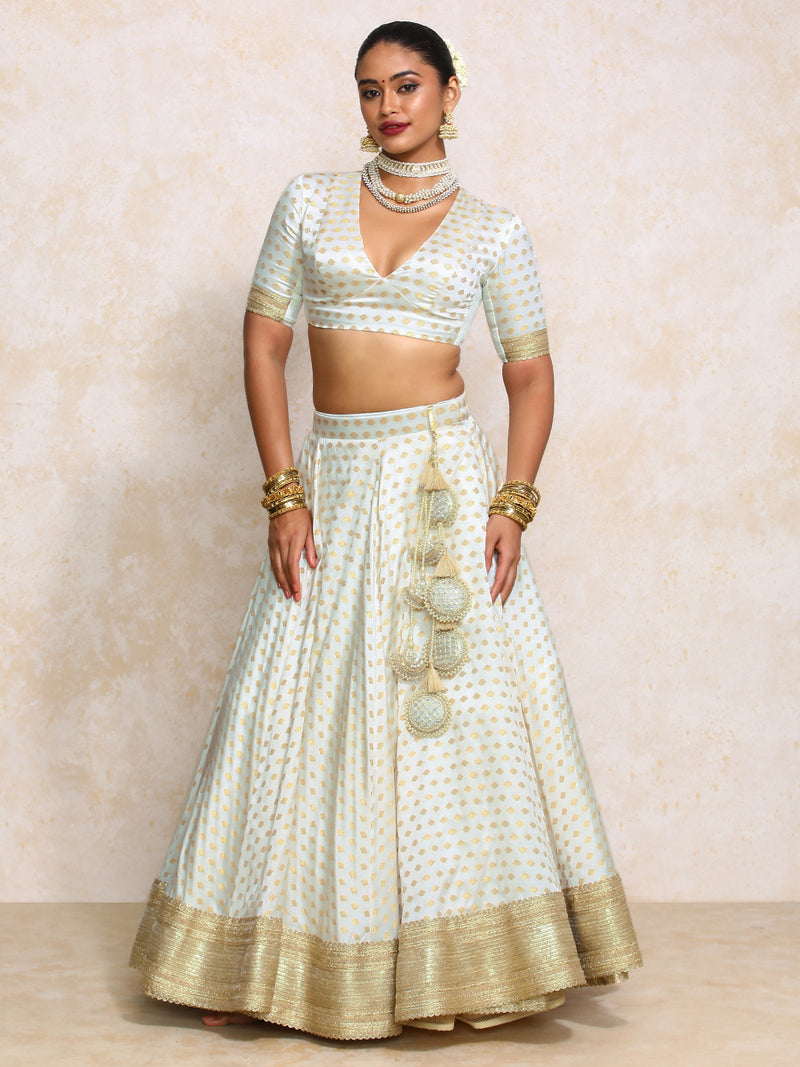 Saniya x Tyohaar | Cream Satin Viscose Butta FlareFit™ Lehenga Set with Dupatta-Binks