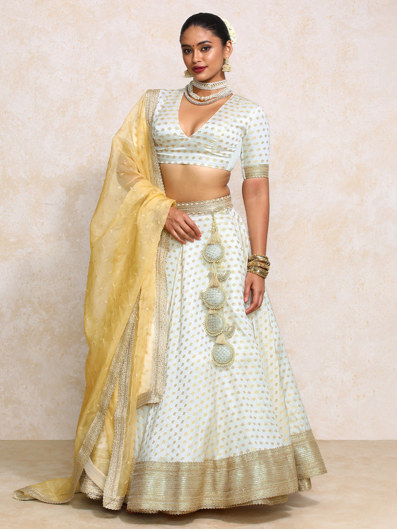 Saniya x Tyohaar | Cream Satin Viscose Butta FlareFit™ Lehenga Set with Dupatta-Binks