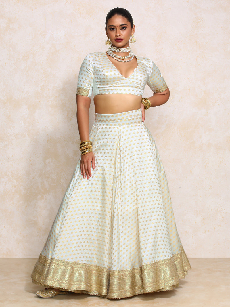 Saniya x Tyohaar | Cream Satin Viscose Butta FlareFit™ Lehenga Set with Dupatta-Binks