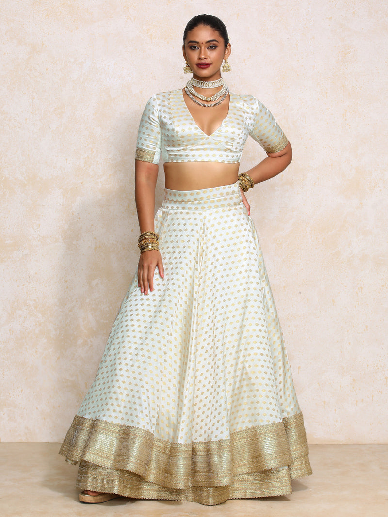 Saniya x Tyohaar | Cream Satin Viscose Butta FlareFit™ Lehenga Set with Dupatta-Binks