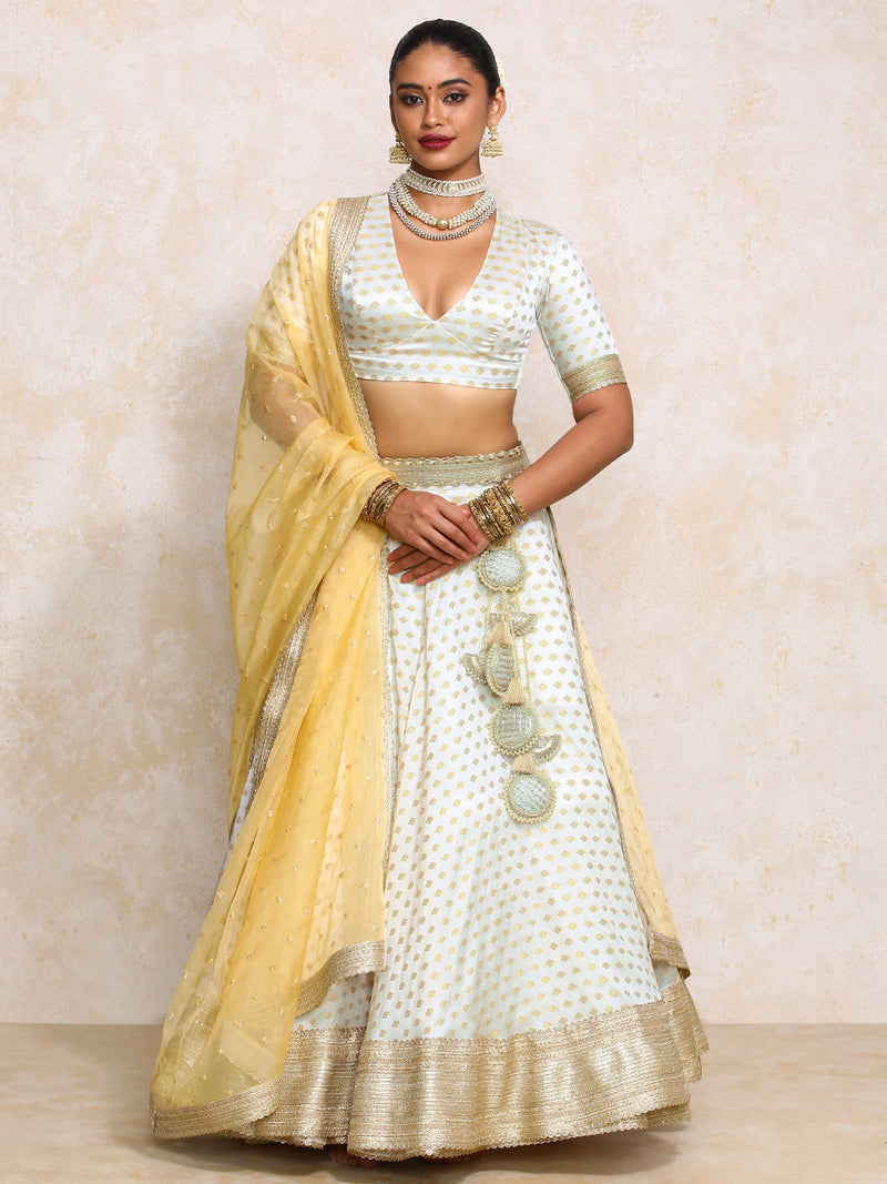 Saniya x Tyohaar | Cream Satin Viscose Butta FlareFit™ Lehenga Set with Dupatta-Binks