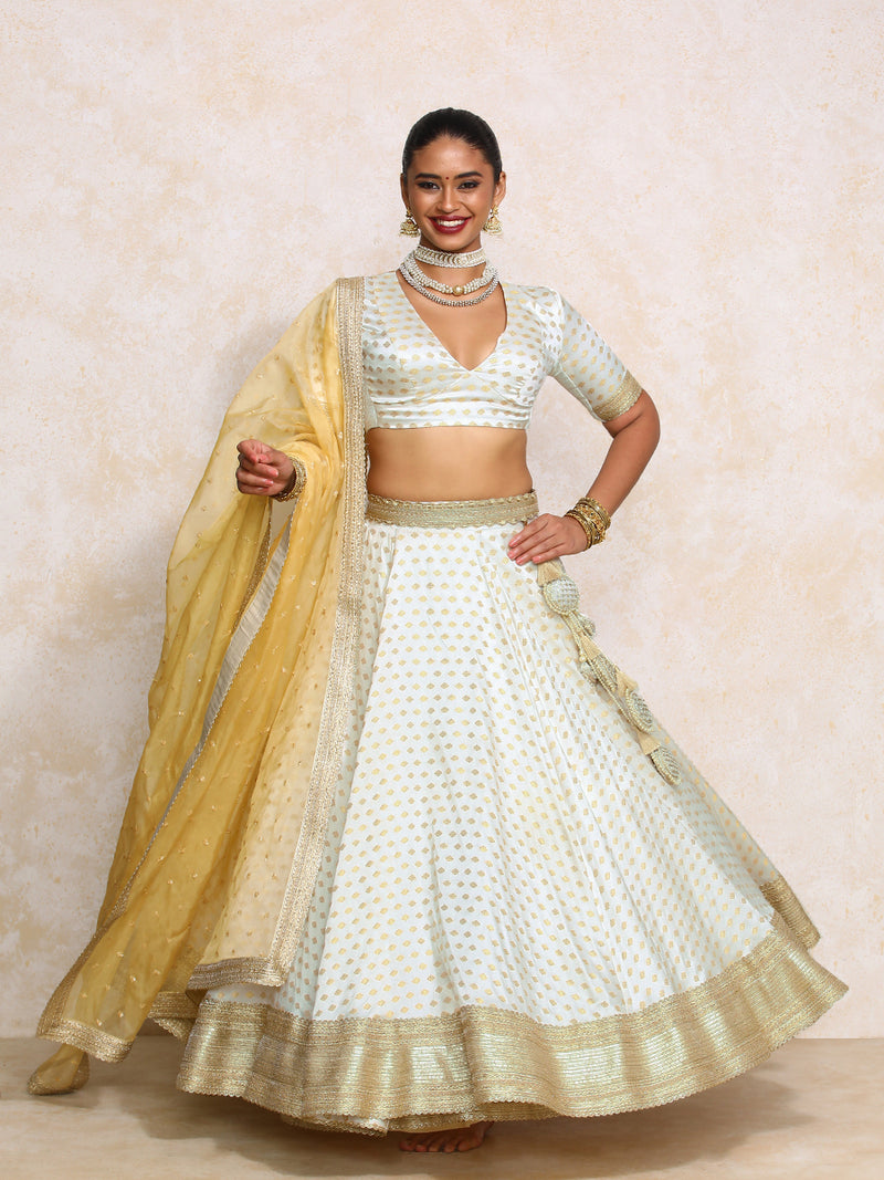 Saniya x Tyohaar | Cream Satin Viscose Butta FlareFit™ Lehenga Set with Dupatta-Binks