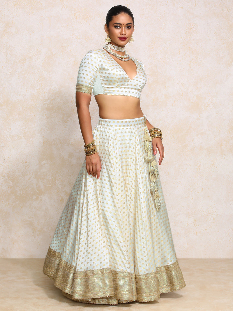 Saniya x Tyohaar | Cream Satin Viscose Butta FlareFit™ Lehenga Set with Dupatta-Binks