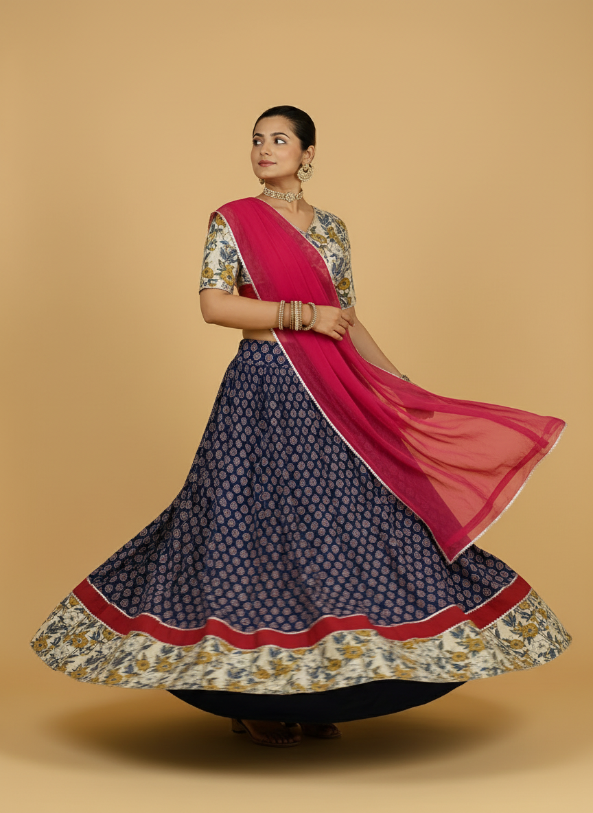 Shagun x Tyohaar Lehenga Set, in Blue 100% Cotton - Block Printed, featuring elbow sleeves and v-neckline.