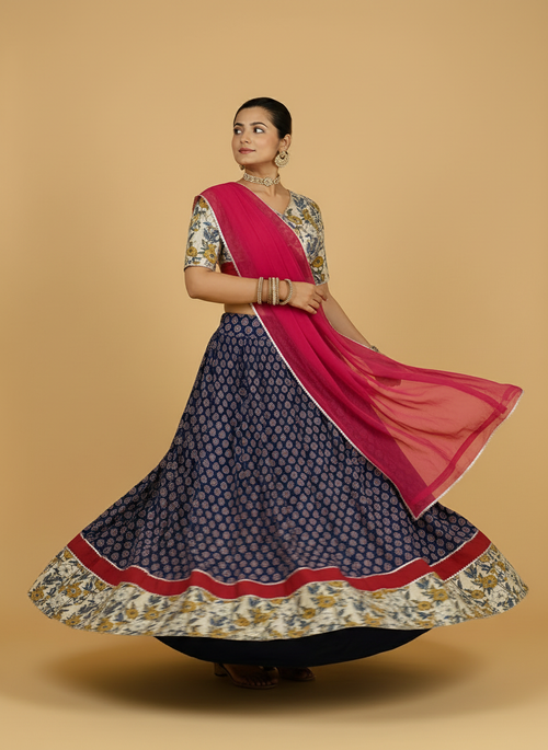 Shagun x Tyohaar Lehenga Set, in Blue 100% Cotton - Block Printed, featuring elbow sleeves and v-neckline.