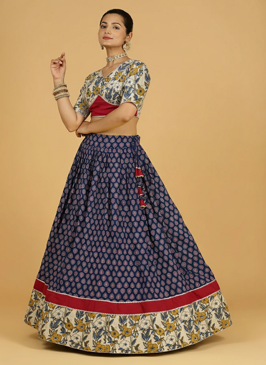 Shagun x Tyohaar Lehenga Set, in Blue 100% Cotton - Block Printed, featuring elbow sleeves and v-neckline (view 2).