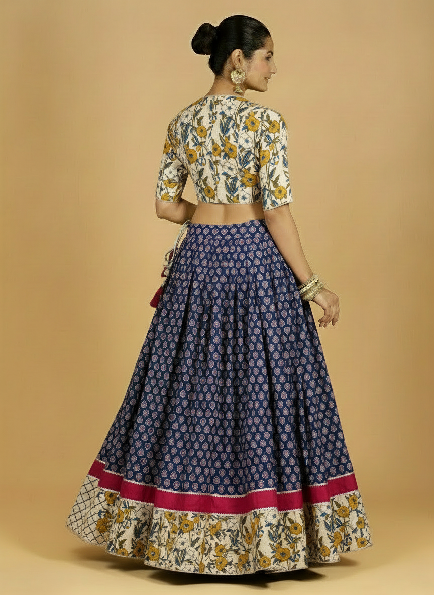 Shagun x Tyohaar Lehenga Set, in Blue 100% Cotton - Block Printed, featuring elbow sleeves and v-neckline (view 3).