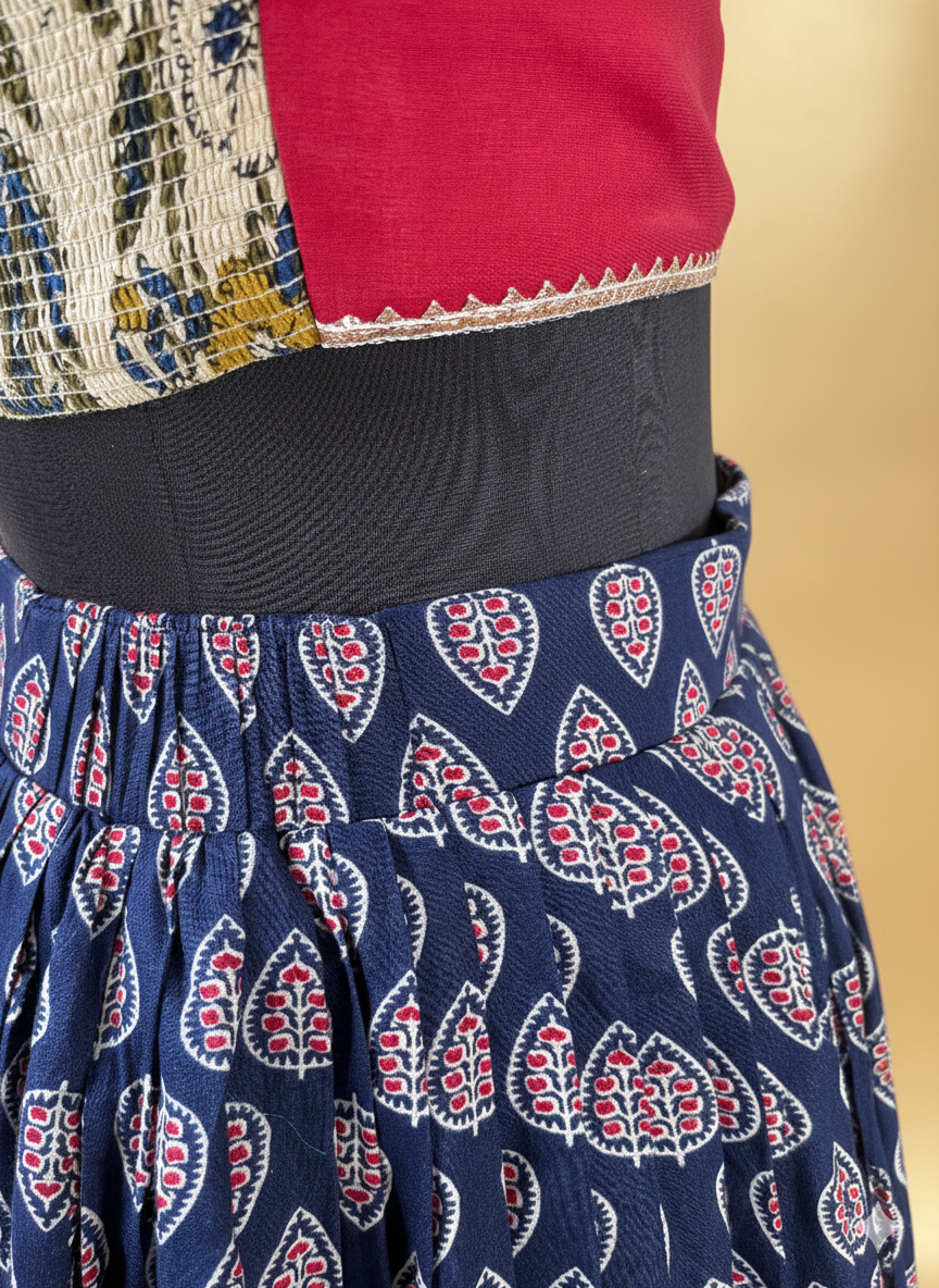 Shagun x Tyohaar Lehenga Set, in Blue 100% Cotton - Block Printed, featuring elbow sleeves and v-neckline (view 5).