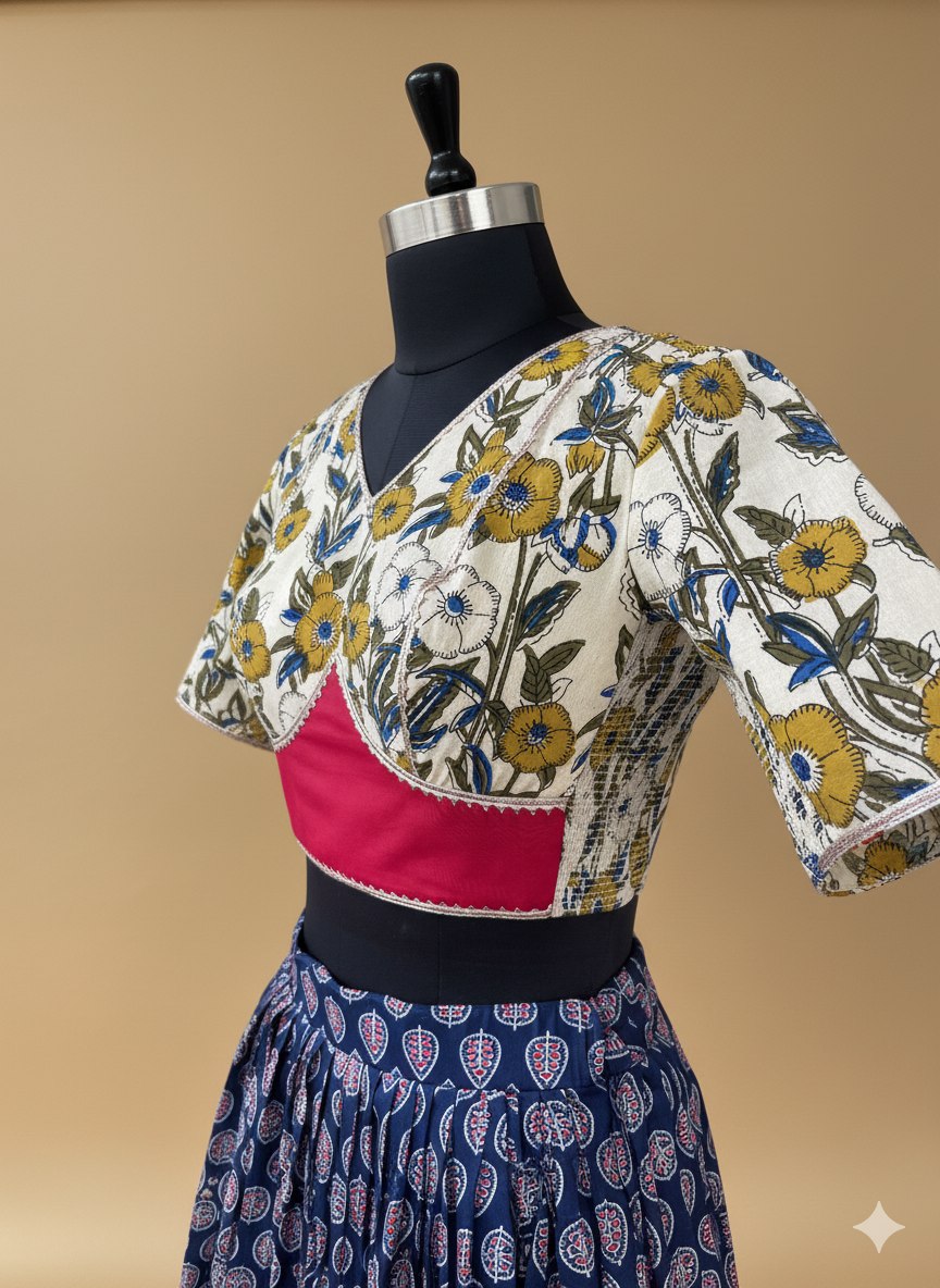 Shagun x Tyohaar Lehenga Set, in Blue 100% Cotton - Block Printed, featuring elbow sleeves and v-neckline (view 8).
