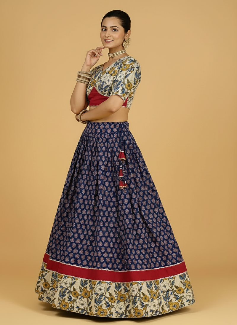 Shagun x Tyohaar | Blue & Green Navratri Handblock Printed Lehenga Set-Binks