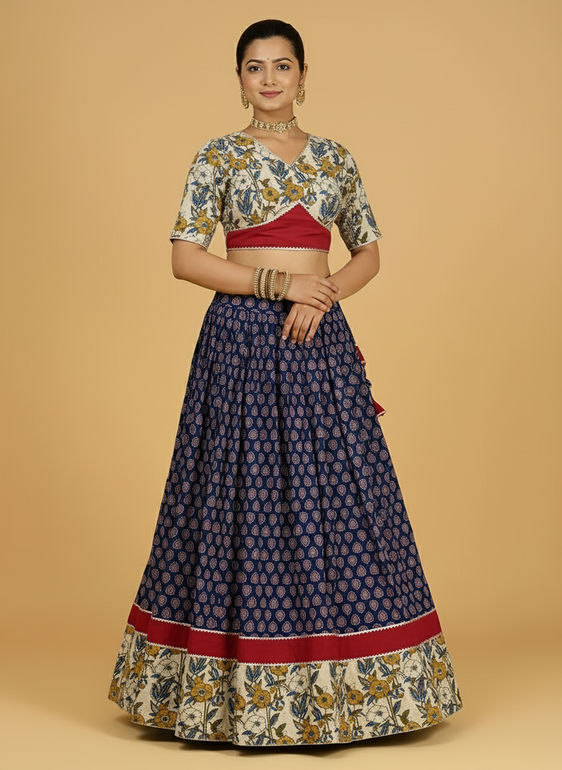 Shagun x Tyohaar | Blue & Green Navratri Handblock Printed Lehenga Set-Binks