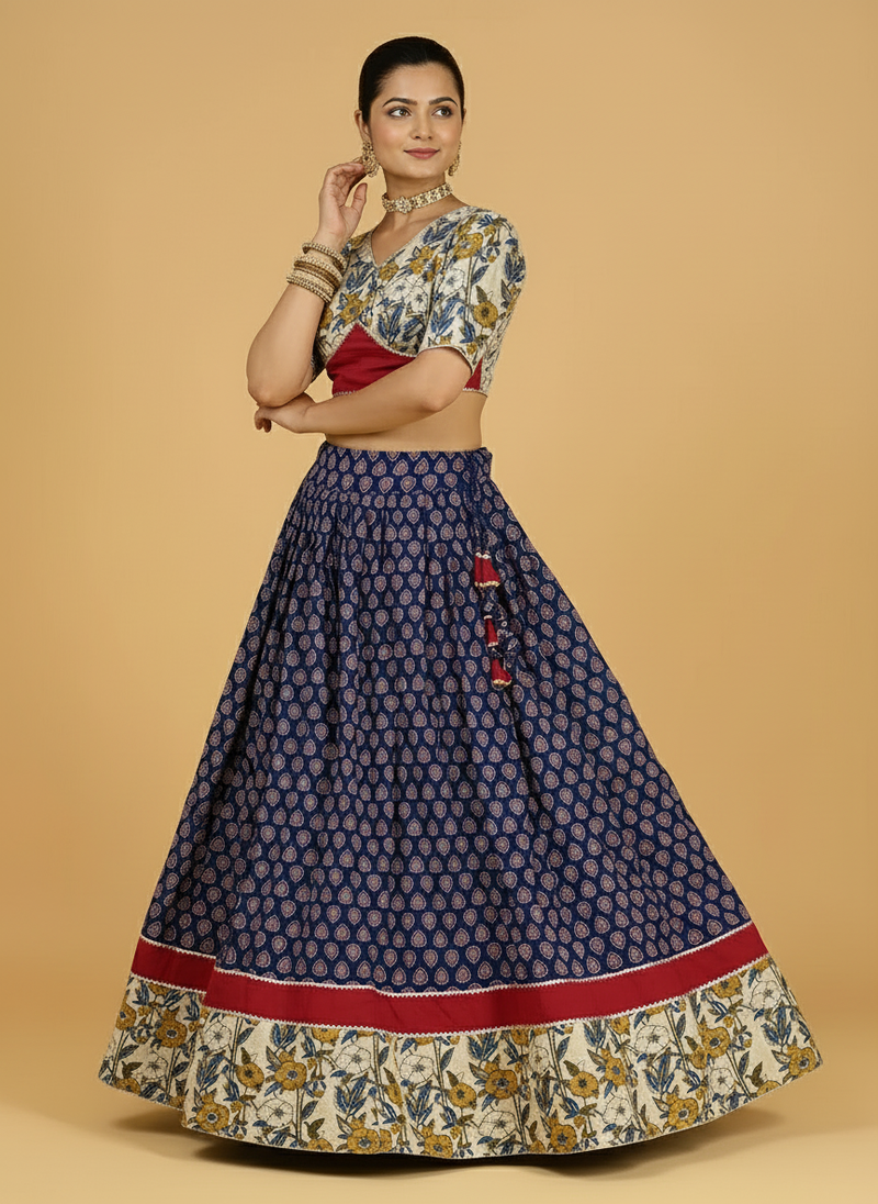 Shagun x Tyohaar | Blue & Green Navratri Handblock Printed Lehenga Set-Binks