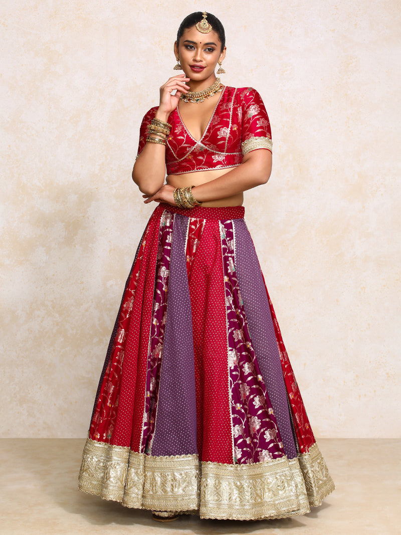 Shama x Tyohaar | Red & Purple Foil Chandheri & Meenakari FlareFit™ Lehenga Set with Dupatta-Binks