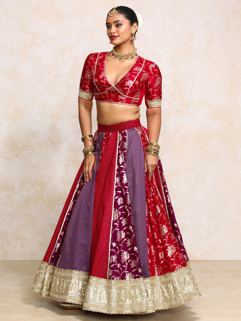 Shama x Tyohaar | Red & Purple Foil Chandheri & Meenakari FlareFit™ Lehenga Set with Dupatta-Binks