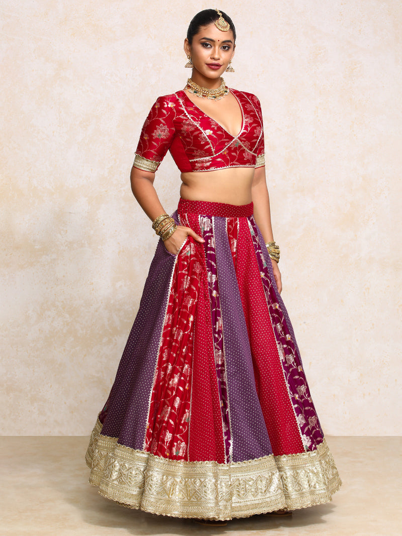 Shama x Tyohaar | Red & Purple Foil Chandheri & Meenakari FlareFit™ Lehenga Set with Dupatta-Binks