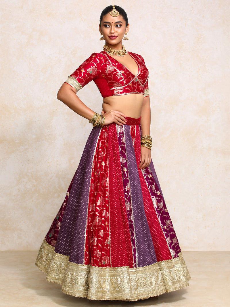 Shama x Tyohaar | Red & Purple Foil Chandheri & Meenakari FlareFit™ Lehenga Set with Dupatta-Binks