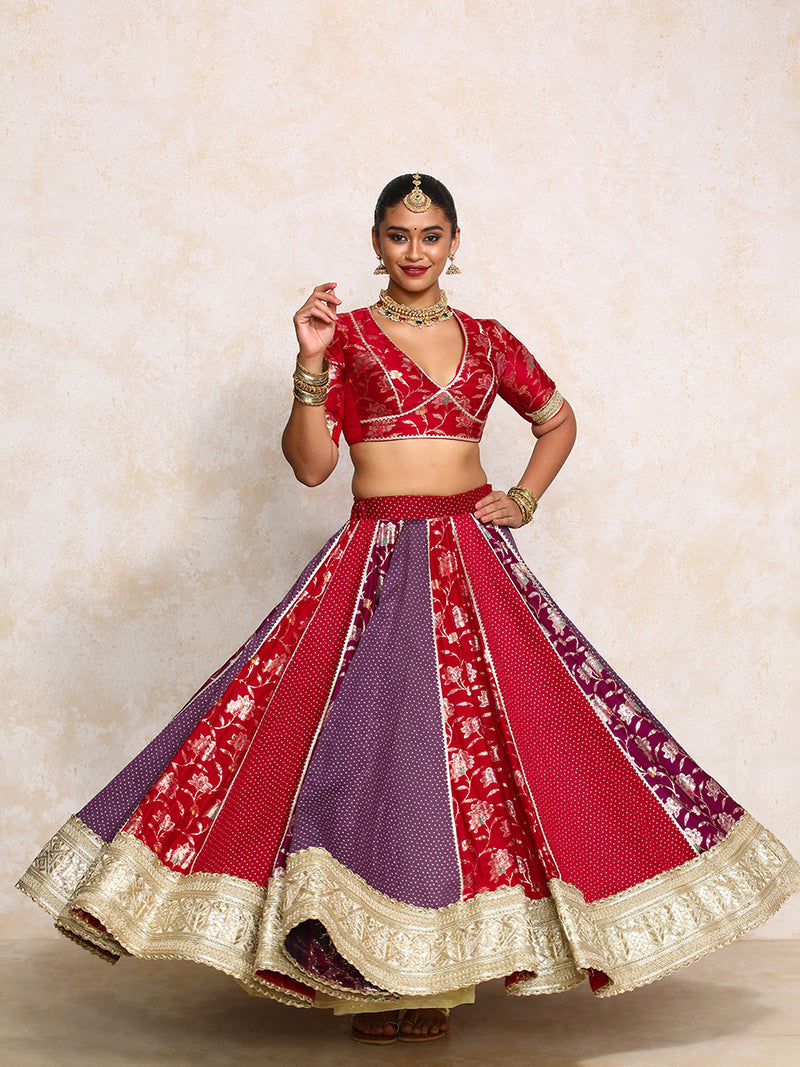Shama x Tyohaar | Red & Purple Foil Chandheri & Meenakari FlareFit™ Lehenga Set with Dupatta-Binks