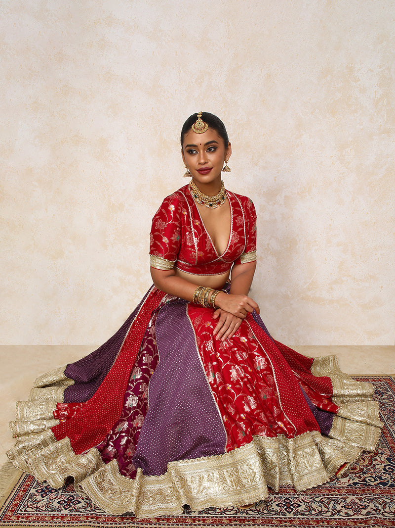 Shama x Tyohaar | Red & Purple Foil Chandheri & Meenakari FlareFit™ Lehenga Set with Dupatta-Binks