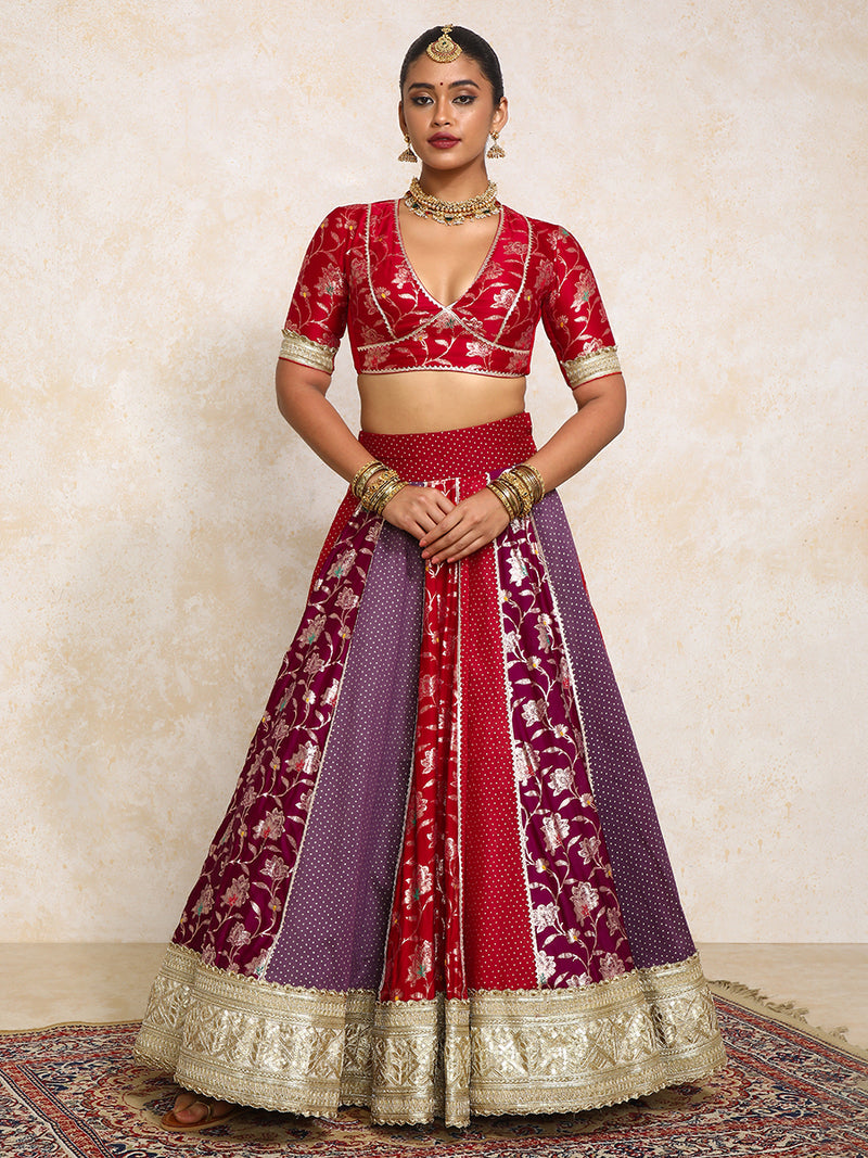 Shama x Tyohaar | Red & Purple Foil Chandheri & Meenakari FlareFit™ Lehenga Set with Dupatta-Binks