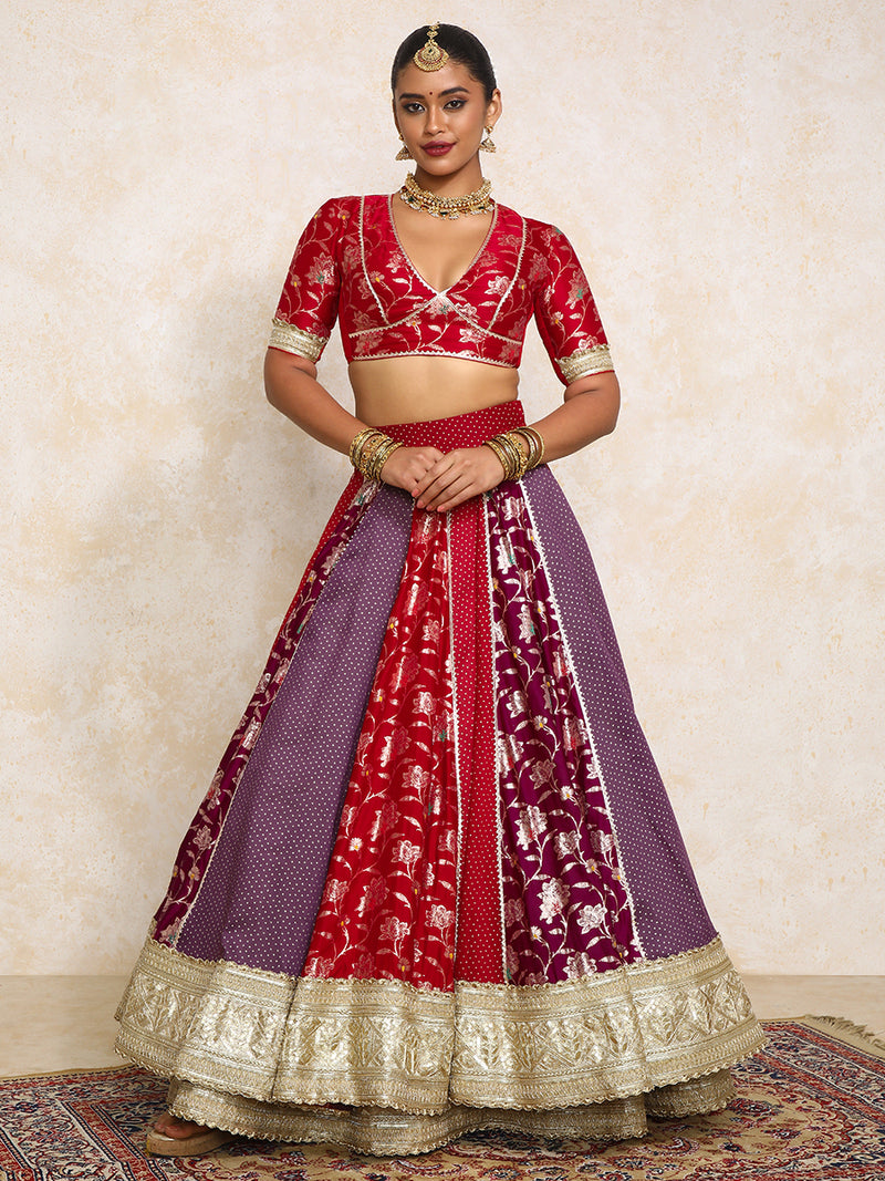 Shama x Tyohaar | Red & Purple Foil Chandheri & Meenakari FlareFit™ Lehenga Set with Dupatta-Binks