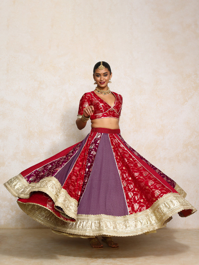 Shama x Tyohaar | Red & Purple Foil Chandheri & Meenakari FlareFit™ Lehenga Set with Dupatta-Binks