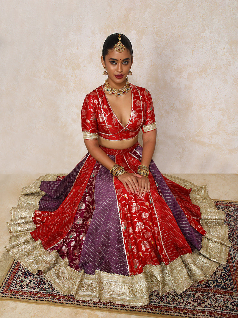 Shama x Tyohaar | Red & Purple Foil Chandheri & Meenakari FlareFit™ Lehenga Set with Dupatta-Binks