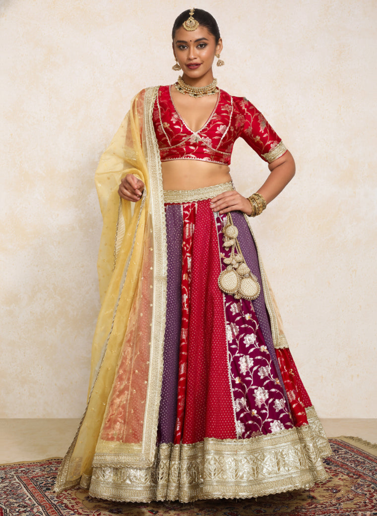 Shama x Tyohaar Lehenga Set, in Multicolour Chandheri & Satin Viscose, featuring elbow sleeves and v-neckline.