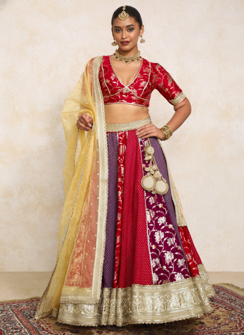 Shama x Tyohaar | Red & Purple Foil Chandheri & Meenakari FlareFit™ Lehenga Set with Dupatta-Binks