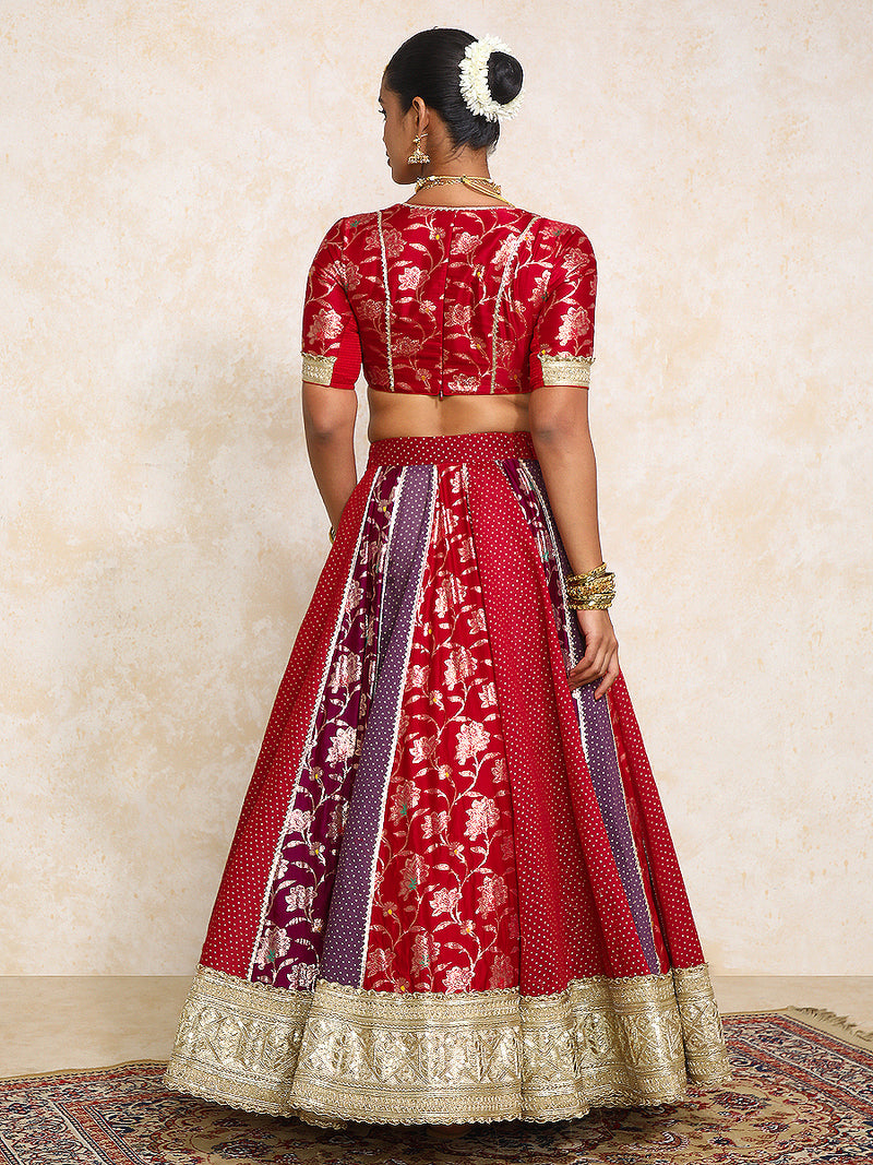 Shama x Tyohaar | Red & Purple Foil Chandheri & Meenakari FlareFit™ Lehenga Set with Dupatta-Binks